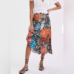 Farm Rio Satin Slip Midi Floral Tropical Skirt size XS